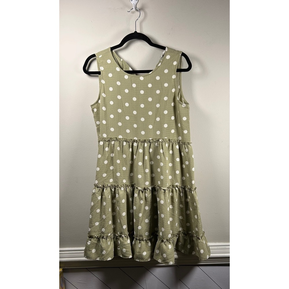 Blu Pepper Tiered Dress Womens Medium Olive Green Polka Dot Tie Back Ruffle